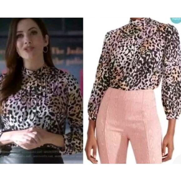 Veronica Beard Lety Top Leopard Print Silk Long Sleeve Blouse Multicolor Size 0 - Picture 2 of 11